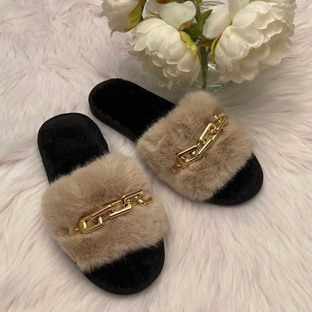 Beige Tan Nude Gold Chain Fur Flat Sandals Slippers Shoes Size 7